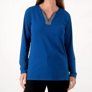 Belle by Kim Gravel Triple Luxe Knit Beaded V-Neck Tunic, Blue, Small, NWOT